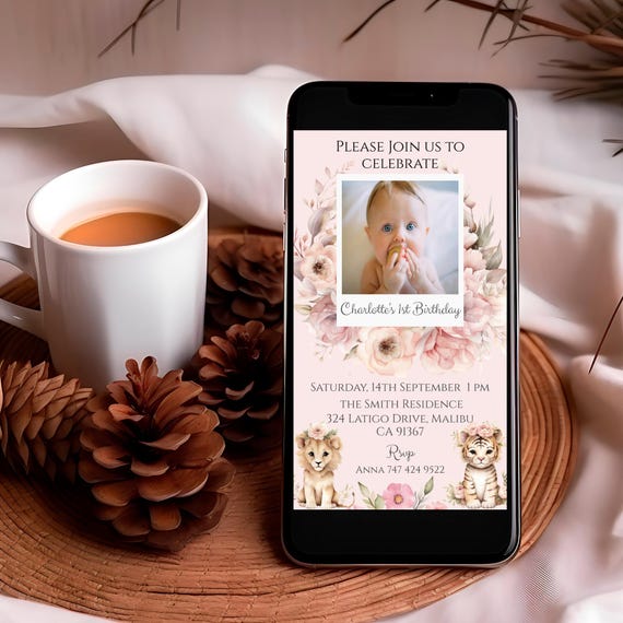 Blush Safari 1st Birthday Photo Evite: Pink Jungle Floral (Electronic, Instant Download)