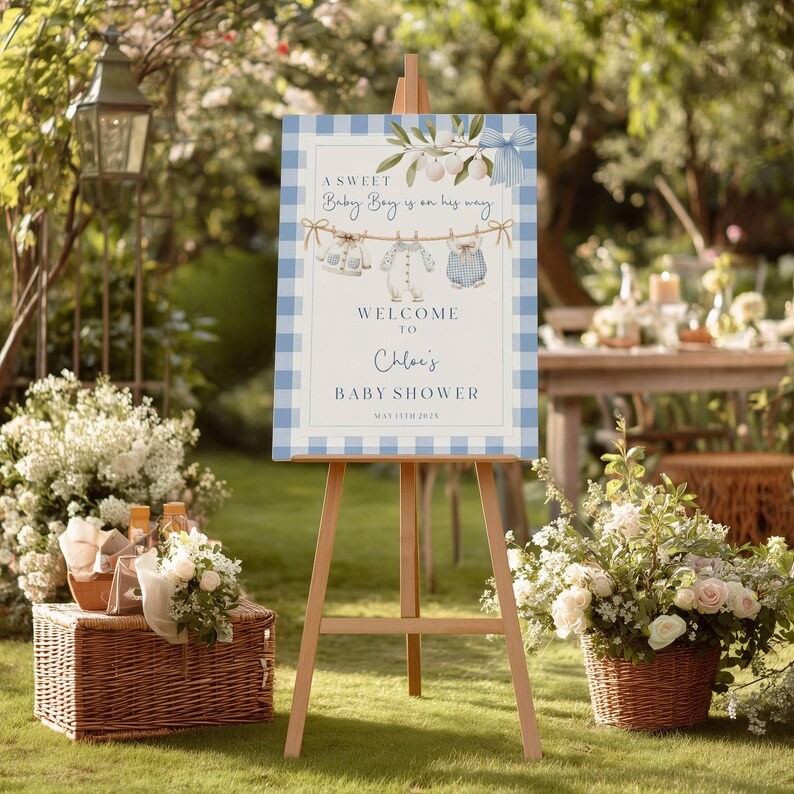Boy Baby Shower Welcome Sign, Blue Gingham, Clothesline, (editable ...