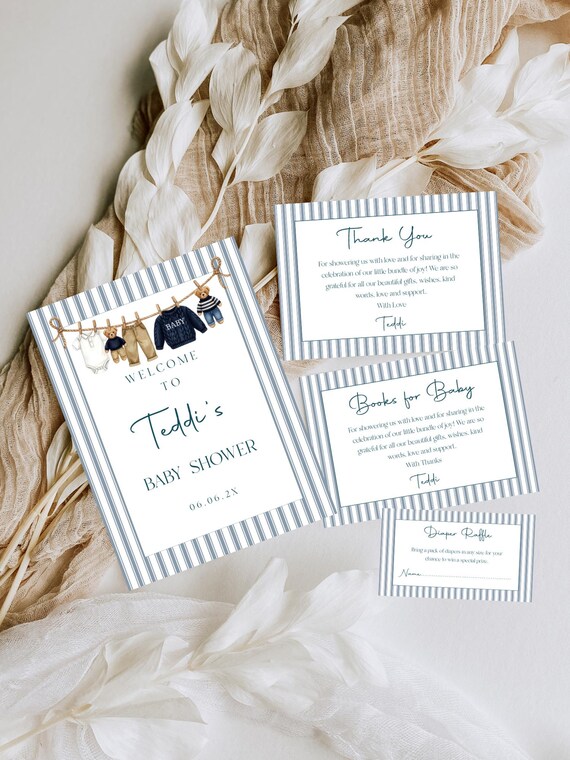 Boys Teddy Bear Baby Shower Invitation Set, Blue, Stripes (Editable Printable) Instant Download #pst