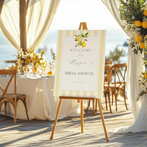 Lemons Bridal Shower Welcome Sign, Lemon Striped, Coastal, Mediterranean ( Editable Printable ) Digital #lgs