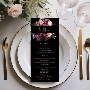 Elegante plantilla imprimible de menú de boda en negro y rubor, peonías burdeos y rosas, tarjeta de menú, menú imprimible, editable, boda de invierno, otoño