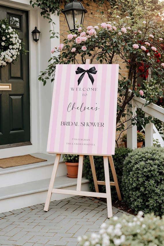 Black Bow Bridal Shower Welcome Sign, Pink Striped, Elegant (Editable Printable) Instant Download #vss