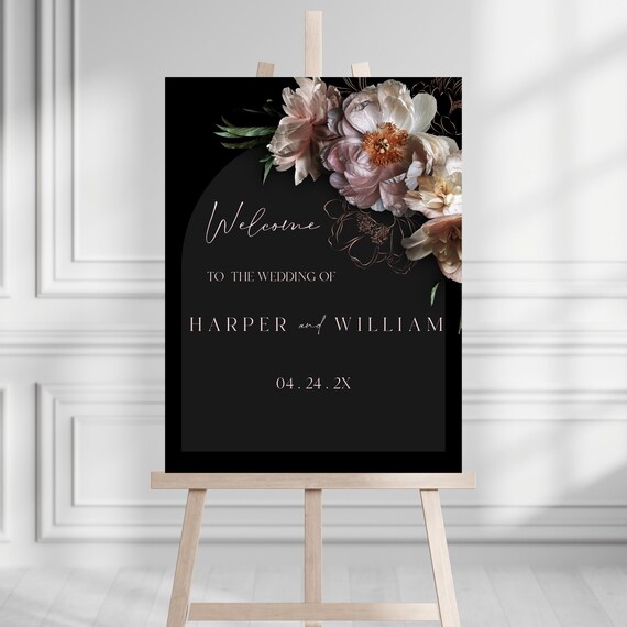 Black & Blush Floral Wedding Welcome Sign Template (Digital Download) Editable  #bpw