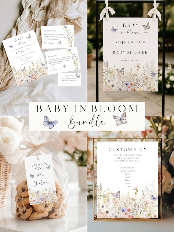 Baby In Bloom Baby Shower Invitation Bundle, Wildflowers, Butterflies, Spring Flowers (Editable Printable)  #wsb