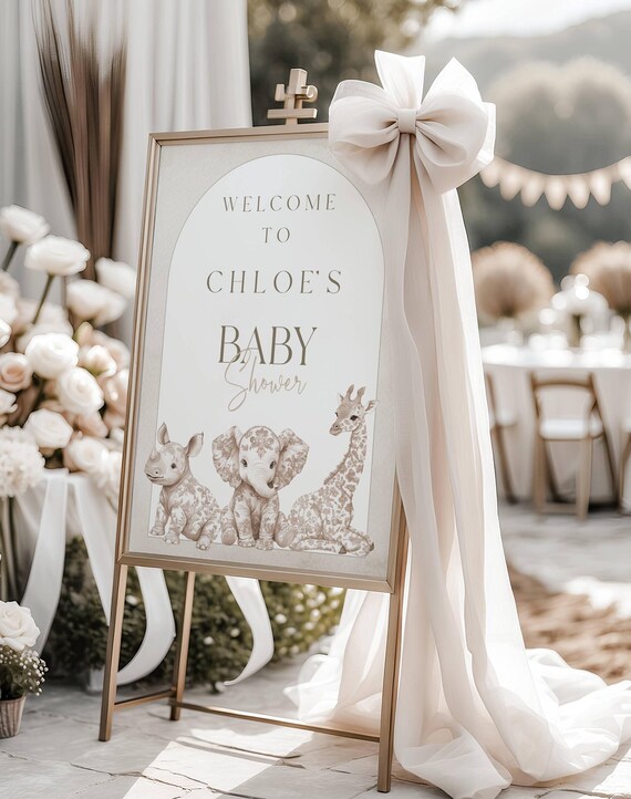 Baby Animal Safari Baby Shower Welcome Sign, Beige, Toile, Gender Neutral (Editable Printable) #toi