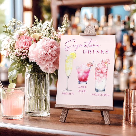 Bridal Shower Pink Signature Drinks Sign: Wedding Cocktail Bar (Printable, Editable)