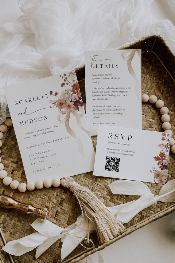 Fall Wedding Invitation Set: Boho Terracotta Floral Design (Printable, Editable Template) #ffb