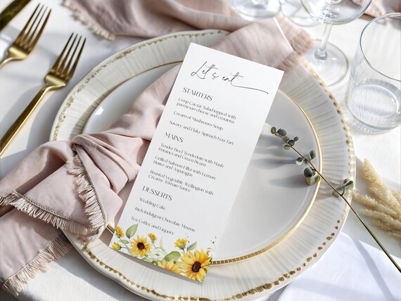 Sunflower Wedding Menu Template: Boho Summer Blooms (Digital Download, Editable, 4x9") Printable #ssf
