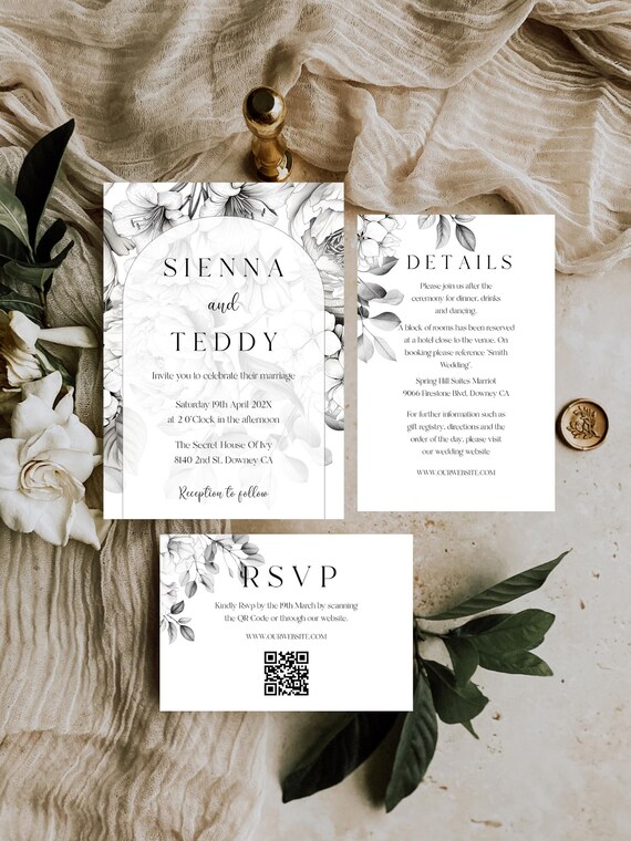 Black and White Floral Wedding Invitation Set: Modern Blooms (Editable, Printable Templates)