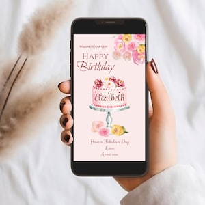 E-kaart voor gelukkige verjaardag, mooi, bloemen, roze, voor haar verjaardagskaart, gepersonaliseerde verjaardagsgroet, verjaardagskaart, digitaal, telefoon/tekst, cake