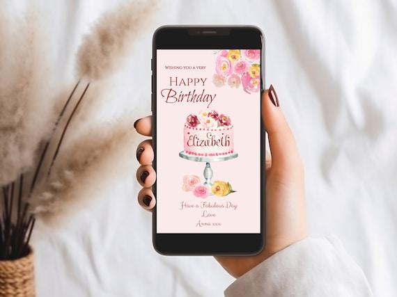 Floral Birthday E-Card: Personalized Pink Cake Design (Digital)