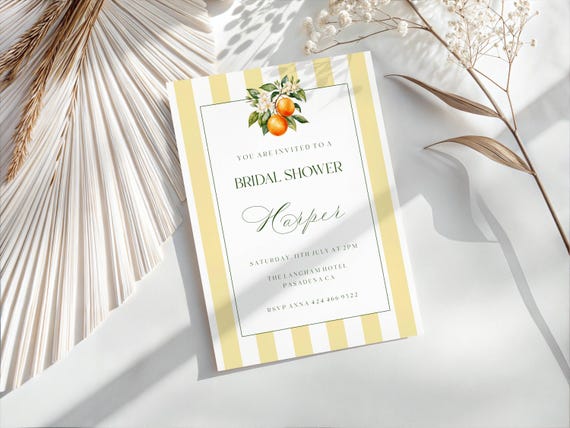 Orange Blossom Bridal Shower Invitation, Coastal, Striped, Mediterranean ( Editable Printable ) Digital #ost