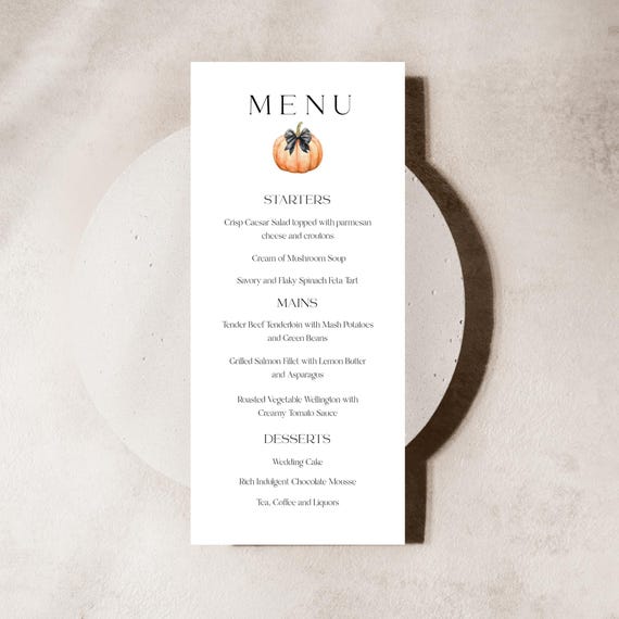 Modern Fall Pumpkin Menu : Wedding, Autumnal, Minimalist ( Editable Printable ) Instant Download