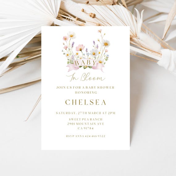 Wildflower Baby Shower Invitation, Modern Floral, Editable Template (Instant Download) Digital #bib