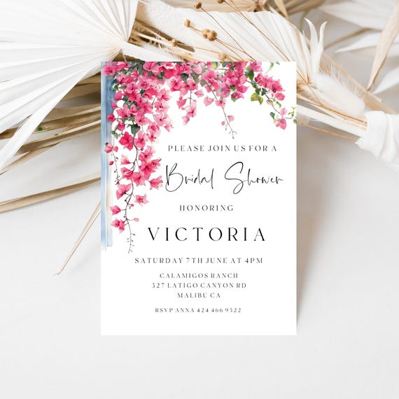 Bougainvillea Bridal Shower Invitation Template: Pink Floral, Coastal (Editable Digital Download) Printable #bgv