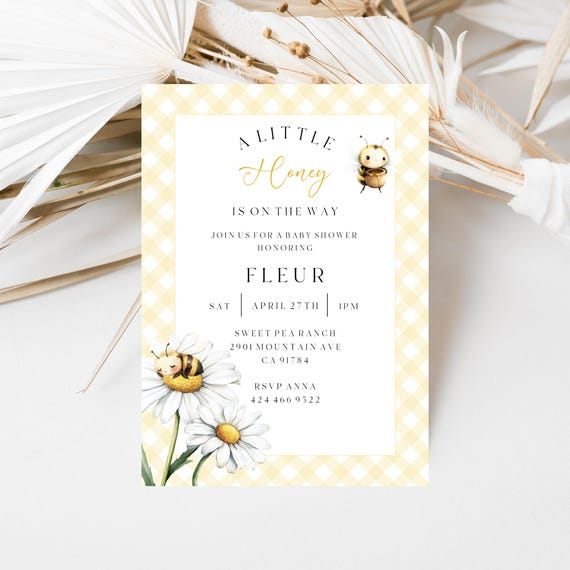 Sweet Honey Bee Baby Shower Invitation, Spring flowers, Lemon Gingham (Editable Printable) Digital
