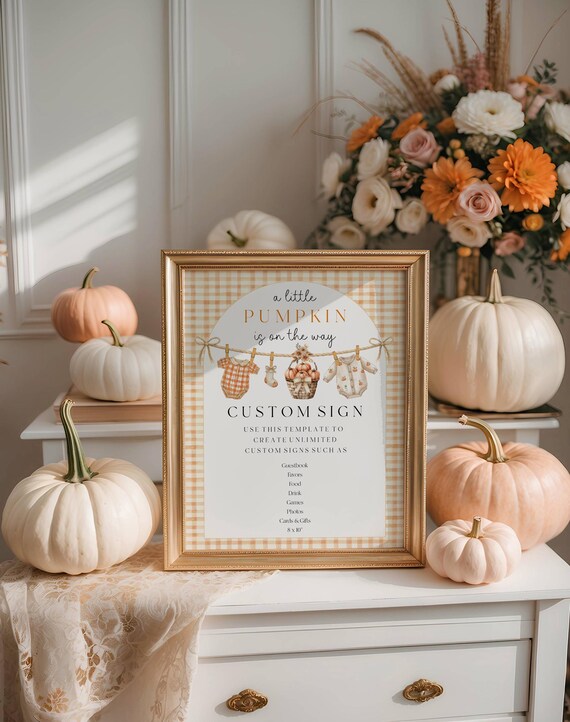 Fall Pumpkin Baby Shower Customizable Sign, Autumn, Clothesline, Gingham (Editable Printable) Digital #acb