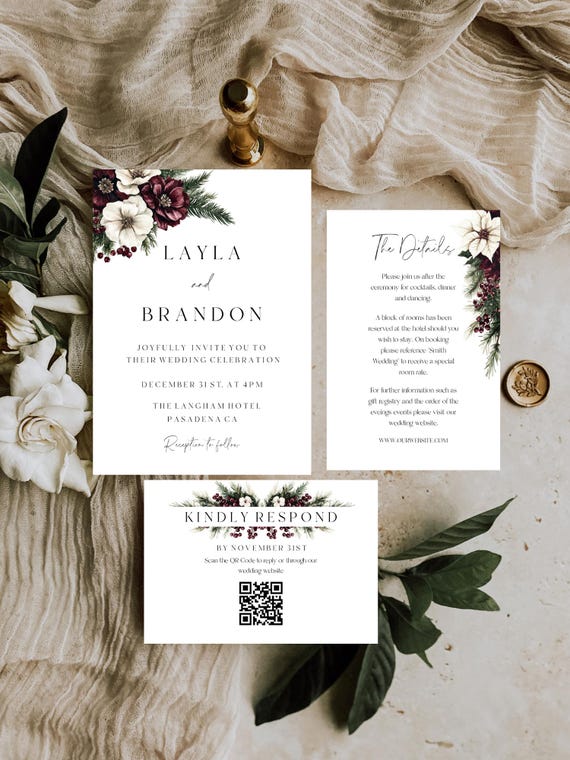 Burgundy Floral Wedding Invitation Template Set: Printable Winter Flowers Suite, Editable #bwb