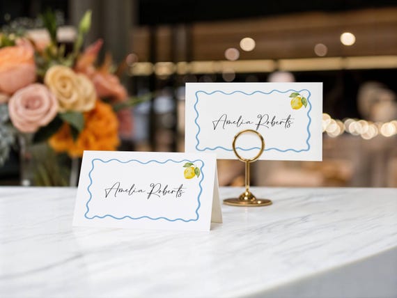 Lemon Place Card Template: Blue Wavy Border, Printable Tent Fold (Edit & Print) #wbl