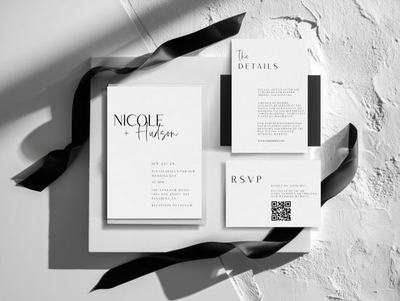 Minimalist Wedding Invitation Suite: Modern Black and White Design (Editable,Printable Template) #scr