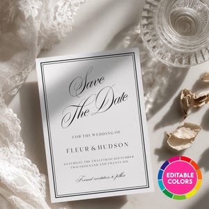 May include: A white rectangular Save the Date card with black text and a double-line border. The text reads Save the Date for the wedding of Fleur & Hudson, Saturday, the twelfth of September two thousand and twenty six. Formal invitation to follow.