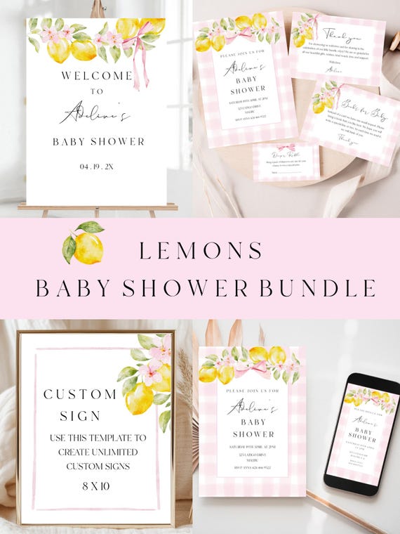 Lemons Baby Shower Invitation Bundle: Pink Gingham, Blossom Decor (Editable,Printable) Digital Download #lem
