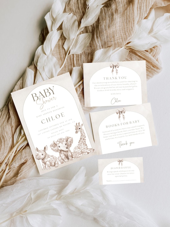 Baby Animal Safari Baby Shower Bundle, Beige, Toile, Gender Neutral (Editable Printable) Digital #toi