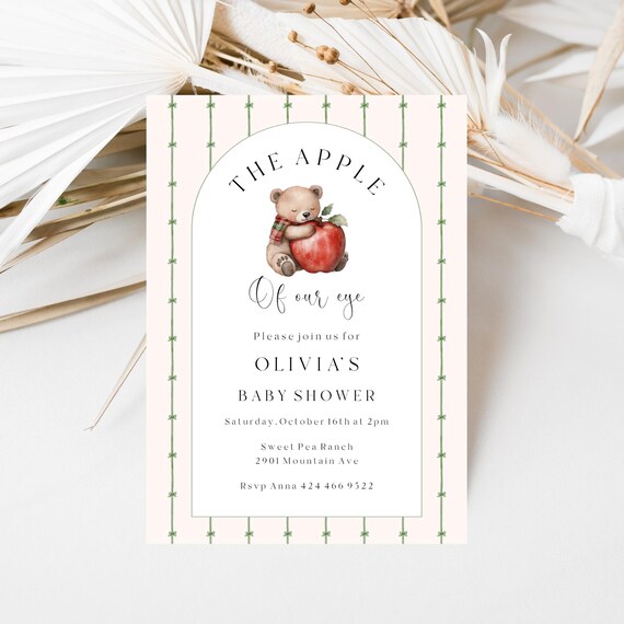 Apple of Our Eye Baby Shower Invitation: Bear, Plaid Bow (Editable Printable Digital Download)