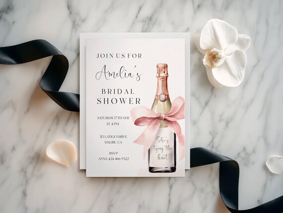 Champagne Bridal Shower Invitation Template: Pink Bow, Elegant Design (Printable, Editable)