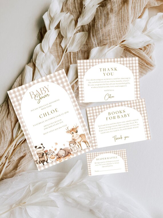 Fall Woodland Animals Baby Shower Invitation Set, Beige Gingham, Autumn (Editable Printable) #fwa