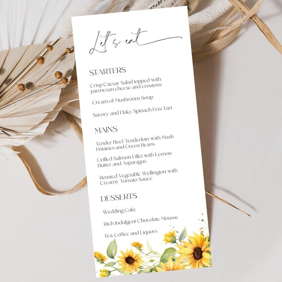 Sunflower Wedding Menu Template: Boho Summer Blooms (Digital Download, Editable, 4x9") Printable #ssf