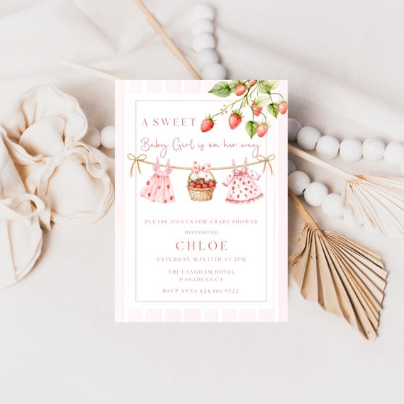 Strawberry Baby Shower Invitation, Sweet Girl, Summer Fruits, Pink (Editable Printable) #scp