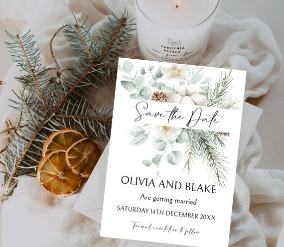 Winter Foliage Wedding Save The Date Template: Editable Snow Floral Design (Digital Download 5x7in ) #win