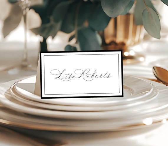 Elegant Script Wedding Place Card Template: Minimalist Black Border (Printable, Editable) #DARCEY