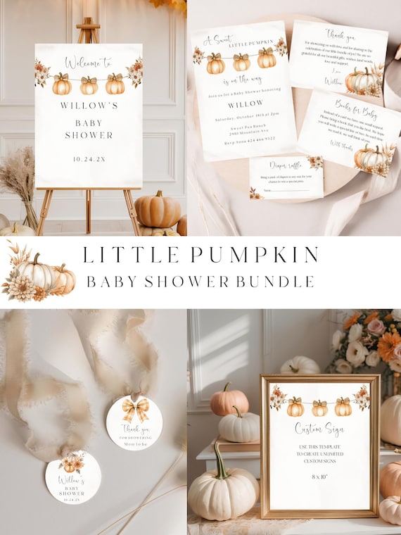 Boho Pumpkin Baby Shower Invitation Bundle: Gender Neutral Autumn Printable Editable, #bfb