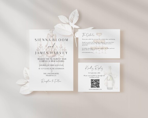 Modern Chandelier Wedding Invitation Set: Black & White, QR Code (Editable Printable Template)