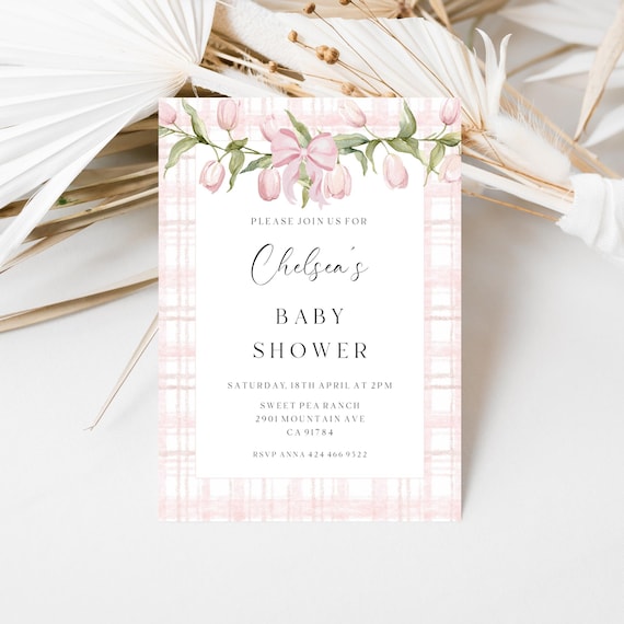 Spring Flowers Baby Shower Invitation, Pink bow, Blush Gingham (Editable Printable) Instant Download #pts