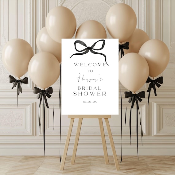 Modern Black & White Bridal Shower Welcome Sign Template, Bow (Printable, Editable, 18x24") #BELLA