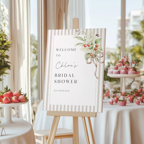Wildflower Bridal Shower Welcome Sign, Strawberry Bouquet, Beige Stripes (Editable Printable) Digital #sbp
