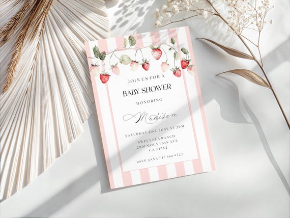 Wild Strawberries Baby Shower Invitation: Pink Stripes, (Digital Download) Editable, Printable #rgb