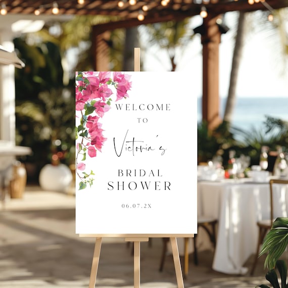 Bougainvillea Bridal Shower Welcome Sign: Pink Floral, Coastal (Printable,Editable Template) #bgv