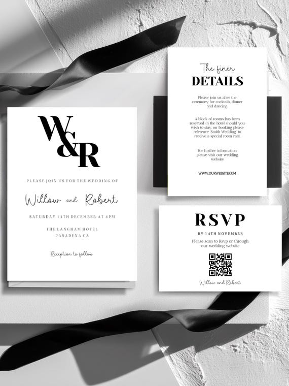 Modern Black & White Wedding Invitation Set: Minimalist, Bold Initials ( Editable Printable ) Instant Download