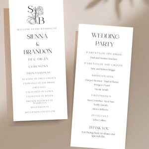May include: Two elegant wedding program cards. The left card features the names Sienna & Brandon, date, and ceremony details. The right card lists the wedding party, including parents, bridesmaids, groomsmen, and officiant. Both cards have a minimalist design.