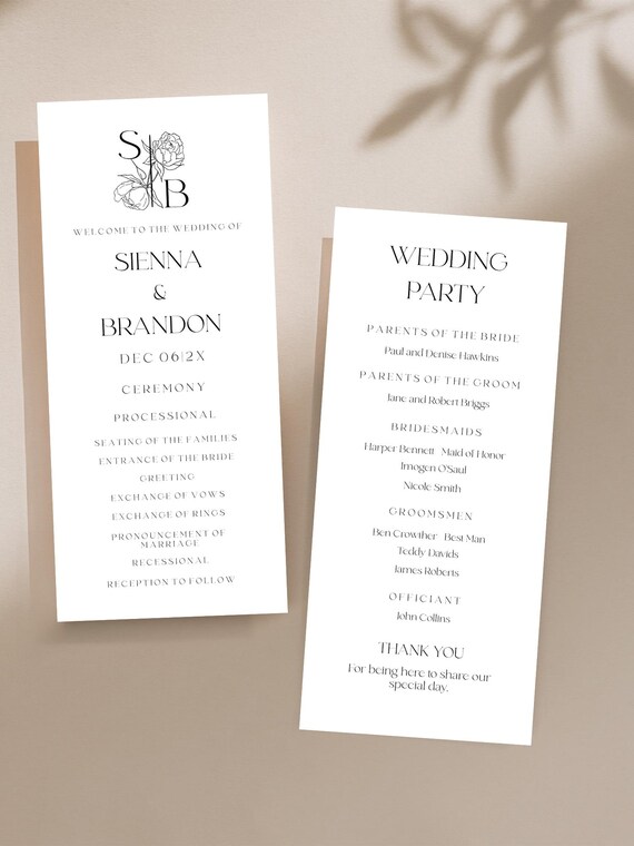 Editable Modern Wedding Program, Elegant Order Of Service (Printable) Instant Download #pii