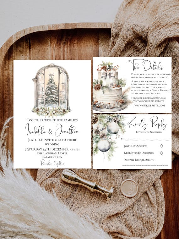 Christmas Wedding Invitation Suite: Winter Foliage, Window Scene (Printable, Editable Template) #xww