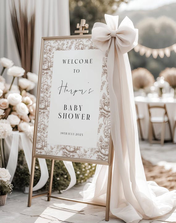 Neutral Toile Baby Shower Welcome Sign Template: Elegant Beige Floral (Editable,Printable) #toi