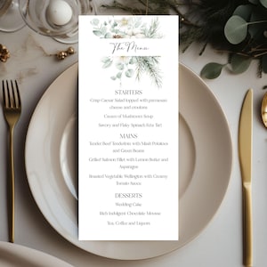 Elegante plantilla de menú de boda con follaje invernal, menú de boda imprimible, vegetación helada, boda de invierno, boda navideña, editable, floral, #win