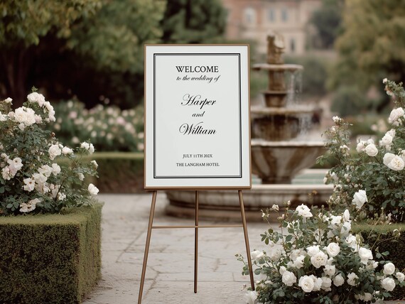 Elegant Script Wedding Welcome Sign, Black Border, Classic (Editable Printable) Digital