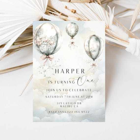 Vintage Balloons First Birthday Invitation Template: Printable Party Invite