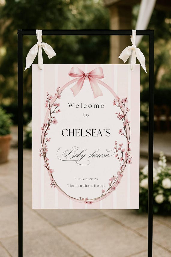 Pink Blossom Baby Shower Welcome Sign : Bow, Wildflower (Editable Printable) Instant Download #pbb
